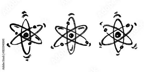 Set of hand drawn atom sign Molecule clipart in doodle style Symbol of science, education, nuclear energy, scientific research, molecular chemistry Single element for print, web, design