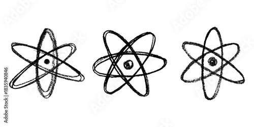 Set of hand drawn atom sign Molecule clipart in doodle style Symbol of science, education, nuclear energy, scientific research, molecular chemistry Single element for print, web, design
