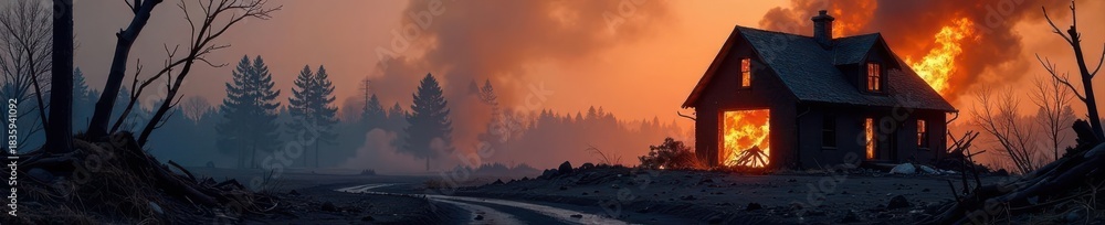 Fototapeta premium Blackened landscape, twisted metal, remnants of a home consumed by flames , burnt building, devastation