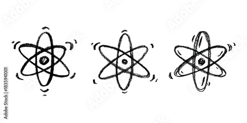 Set of hand drawn atom sign Molecule clipart in doodle style Symbol of science, education, nuclear energy, scientific research, molecular chemistry Single element for print, web, design
