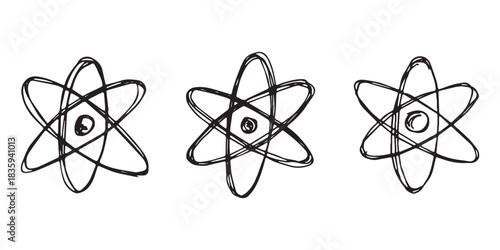 Set of hand drawn atom sign Molecule clipart in doodle style Symbol of science, education, nuclear energy, scientific research, molecular chemistry Single element for print, web, design