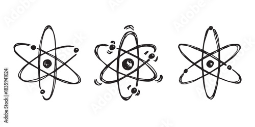 Set of hand drawn atom sign Molecule clipart in doodle style Symbol of science, education, nuclear energy, scientific research, molecular chemistry Single element for print, web, design