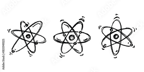 Set of hand drawn atom sign Molecule clipart in doodle style Symbol of science, education, nuclear energy, scientific research, molecular chemistry Single element for print, web, design