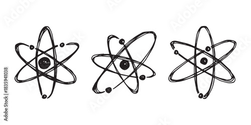 Set of hand drawn atom sign Molecule clipart in doodle style Symbol of science, education, nuclear energy, scientific research, molecular chemistry Single element for print, web, design