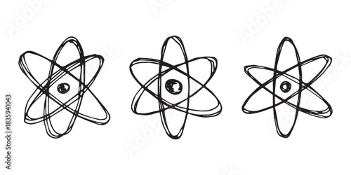 Set of hand drawn atom sign Molecule clipart in doodle style Symbol of science, education, nuclear energy, scientific research, molecular chemistry Single element for print, web, design