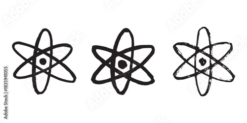 Set of hand drawn atom sign Molecule clipart in doodle style Symbol of science, education, nuclear energy, scientific research, molecular chemistry Single element for print, web, design