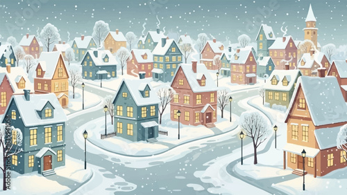 Picturesque Winter Townscape with Festive Houses Blanketed in Snow and Illuminated by Warm Streetlights