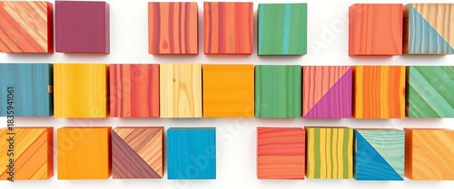 Vibrant wooden blocks form geometric patterns on white background,  rainbow,  colorful