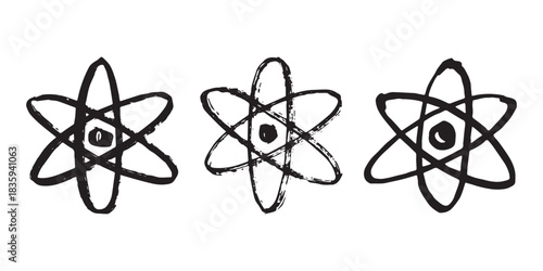 Set of hand drawn atom sign Molecule clipart in doodle style Symbol of science, education, nuclear energy, scientific research, molecular chemistry Single element for print, web, design