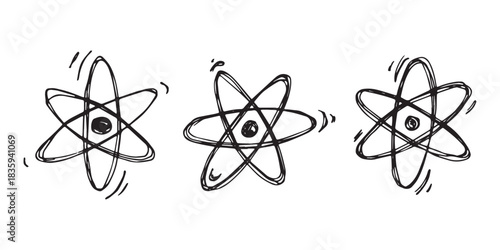 Set of hand drawn atom sign Molecule clipart in doodle style Symbol of science, education, nuclear energy, scientific research, molecular chemistry Single element for print, web, design
