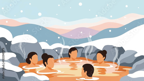 Friends and families find warmth and relaxation in a cozy outdoor hot spring bath amidst a beautiful snowy mountain landscape during a serene winter getaway