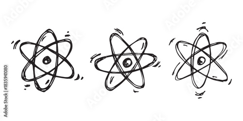 Set of hand drawn atom sign Molecule clipart in doodle style Symbol of science, education, nuclear energy, scientific research, molecular chemistry Single element for print, web, design