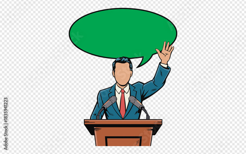 Dynamic leader delivering passionate speech with speech bubble, perfect for political campaigns or public relations materials, conveying bold vision