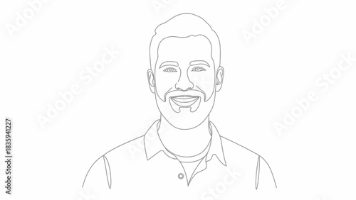 Minimalist line art portrait of a smiling man with a beard and happy face isolated on white background, Vector