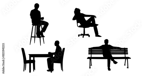 Collection of various human silhouettes displaying diverse seated postures and relaxed positions for graphic design