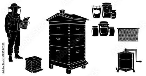 Comprehensive Beekeeping and Honey Production Illustration Set Tools, Apiary, and Sweet Harvest Elements