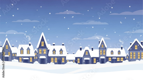 Idyllic winter village scene with illuminated houses under a serene night sky, adorned with falling snow and cozy warm lights, perfect for festive holiday designs