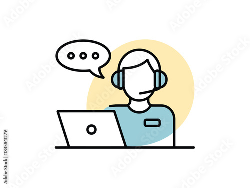 A customer service representative wearing a headset talks to someone via a laptop.