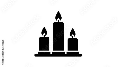 Black silhouette icon of three burning candles on a stand vector graphic isolated on white background, Vector