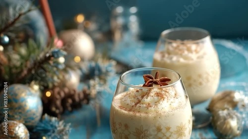 Creamy eggnog drinks topped with whipped cream and spices on a rustic blue table