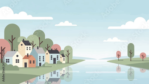 Peaceful Flat Design Riverside Village Scene with Modern Architecture, Lush Trees, and Serene Water Reflections