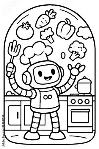 Cute Robot Chef in Kitchen with Food and Cooking Items Coloring Page for Kids Educational Activity Printable Line Art