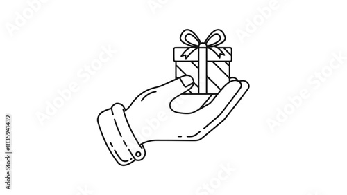 Hand offering a striped gift box with a ribbon bow, outline illustration isolated on white background, Vector