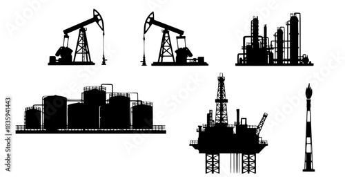 oil and gas industry silhouettes, including rigs and refineries