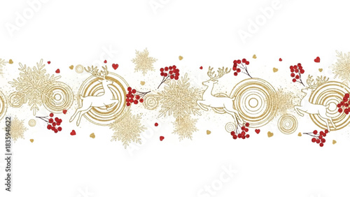 Elegant Golden Christmas Border with Leaping Reindeer, Festive Snowflakes, and Red Berries for Seasonal Decorations and Holiday Greetings