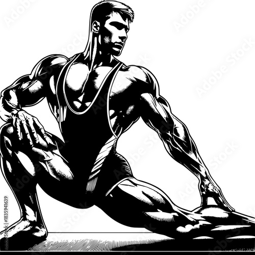 Athlete's Stretch: A muscular athlete, in a dynamic pose, stretches to limber up before a competitive event. Capturing the essence of dedication and physical prowess.