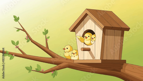 Chirping chicks in a cozy birdhouse on a branch, a heartwarming scene of nature's family life