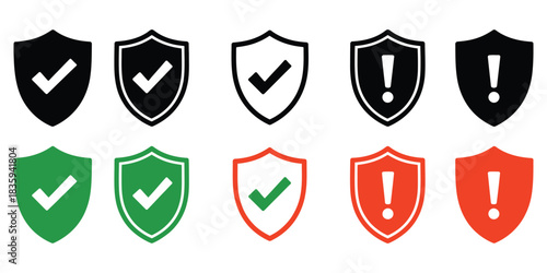 graphic illustration of safety shield symbols with check mark and exclamation icons, representing security, protection, risk alert, data safety, and reliable vector-based design elements