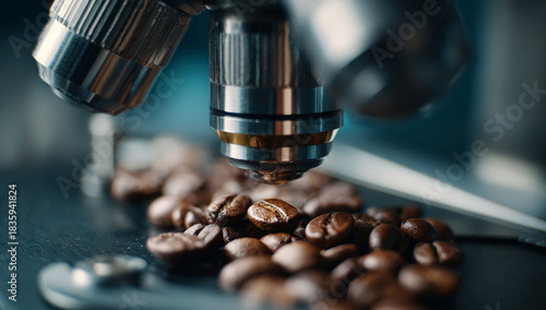 A metallic microscope eyepiece focusing on roasted coffee beans beneath, highlighting detailed textures and rich brown tones in a laboratory or industrial setting