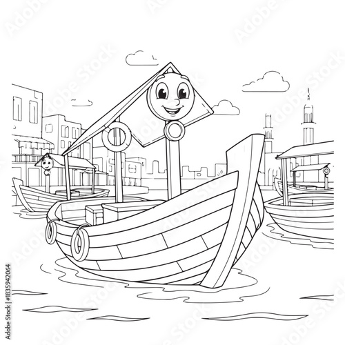 Whimsical dhow boat cartoon illustration perfect for children's books, educational materials, or travel-themed designs, adding a touch of Arabian adventure