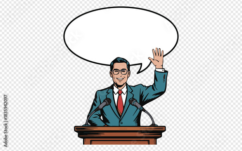 Confident speaker addressing audience with speech bubble, perfect for presentations, leadership concepts, and public speaking engagements, dynamic and engaging