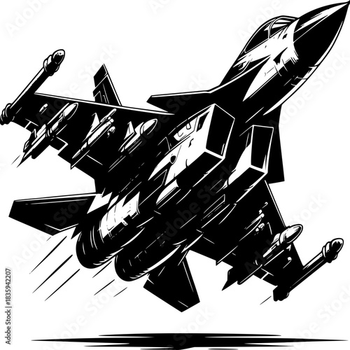 Jet Fighter in Action: A sleek jet fighter streaks across the sky, a symbol of power and precision. The black and white rendering accentuates the aircraft's dynamic form and formidable capabilities.