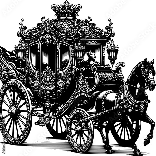 Elegant Carriage: An intricately designed carriage, pulled by a powerful horse, epitomizes historical grandeur. Ornate details adorn every facet, from the wheels to the regal crown.