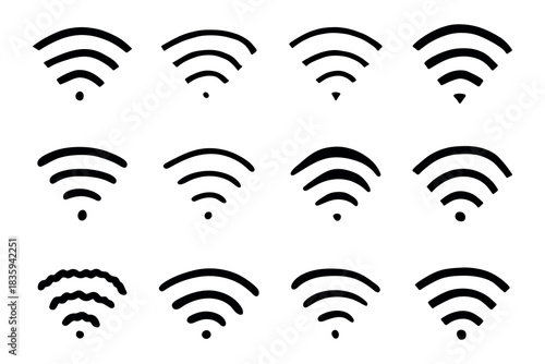 Set of hand drawn free wifi spot zone sign Public wi-fi area sign Wireless internet clipart in doodle style Single element for print, web, design, decor 3G, 4G, 5G, 6G, IoT
