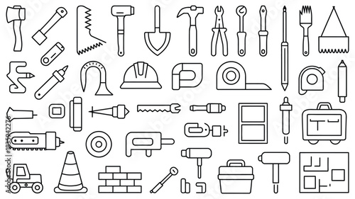A collection of various construction and DIY tools arranged in a grid pattern.