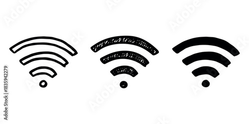 Set of hand drawn free wifi spot zone sign Public wi-fi area sign Wireless internet clipart in doodle style Single element for print, web, design, decor 3G, 4G, 5G, 6G, IoT