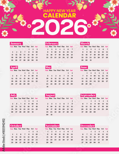 2026 Floral Wall Calendar Design - Colorful Printable Year Planner with Flowers