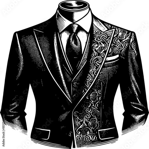 Elegant Suit: A detailed illustration showcases an elegant suit, epitomizing sartorial sophistication with its classic design, intricate patterns and timeless appeal.