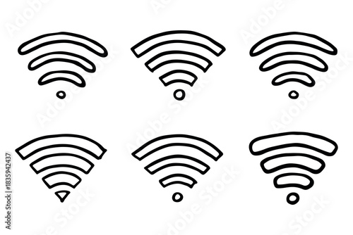 Set of hand drawn free wifi spot zone sign Public wi-fi area sign Wireless internet clipart in doodle style Single element for print, web, design, decor 3G, 4G, 5G, 6G, IoT