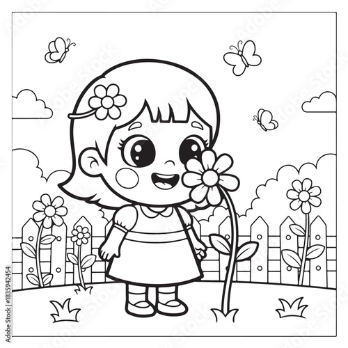 Adorable cartoon girl smelling a beautiful flower in a sunny garden with playful butterflies fluttering by