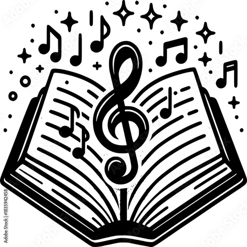 Musical Book of Inspiration: A creative illustration showcases an open book overflowing with musical notes and a prominent treble clef, symbolizing knowledge and the joy of creating music.