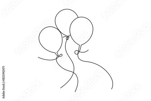 Minimalist continuous line art drawing of three buoyant balloons floating in a celebratory abstract style on white