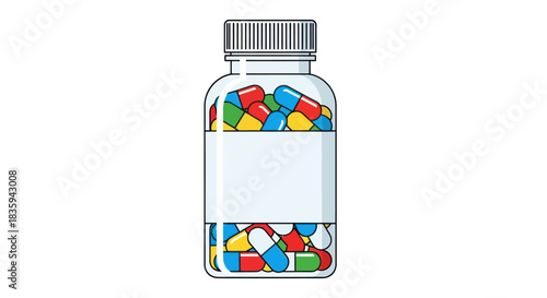 Clear Plastic Bottle Filled with Colorful Medicine Capsules and Blank Label.