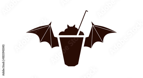 Spooky Bat Wings Adorn a Dark Beverage Cup with Straw.