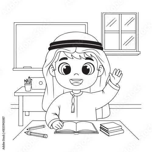 Happy young Arab boy wearing traditional dress cheerfully waving from his school desk ready to learn
