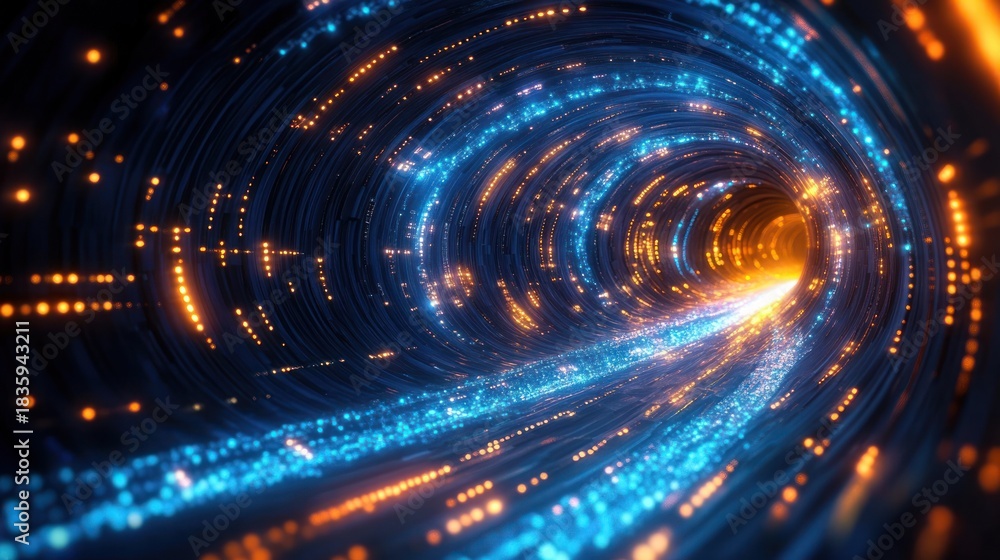 Obraz premium Bright glowing tunnel with swirling blue and orange lights creating a futuristic and dynamic energy flow